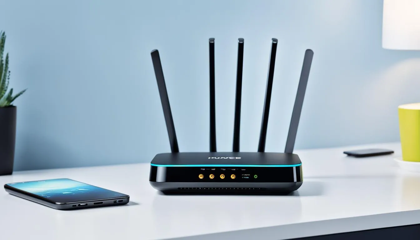 Kieszonkowy router LTE Huawei z wyświetlaczem obok smartfona i laptopa