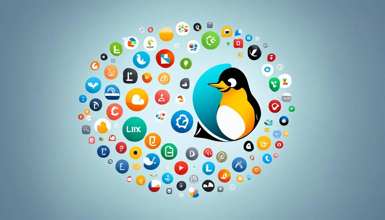 Logotypy popularnych dystrybucji Linuxa ułożone obok pingwina Tux